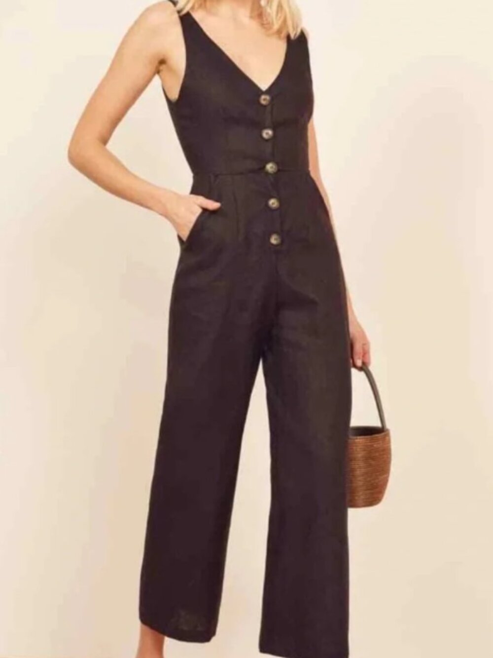 Reformation Vera Black Linen Button Jumpsuit Size 6